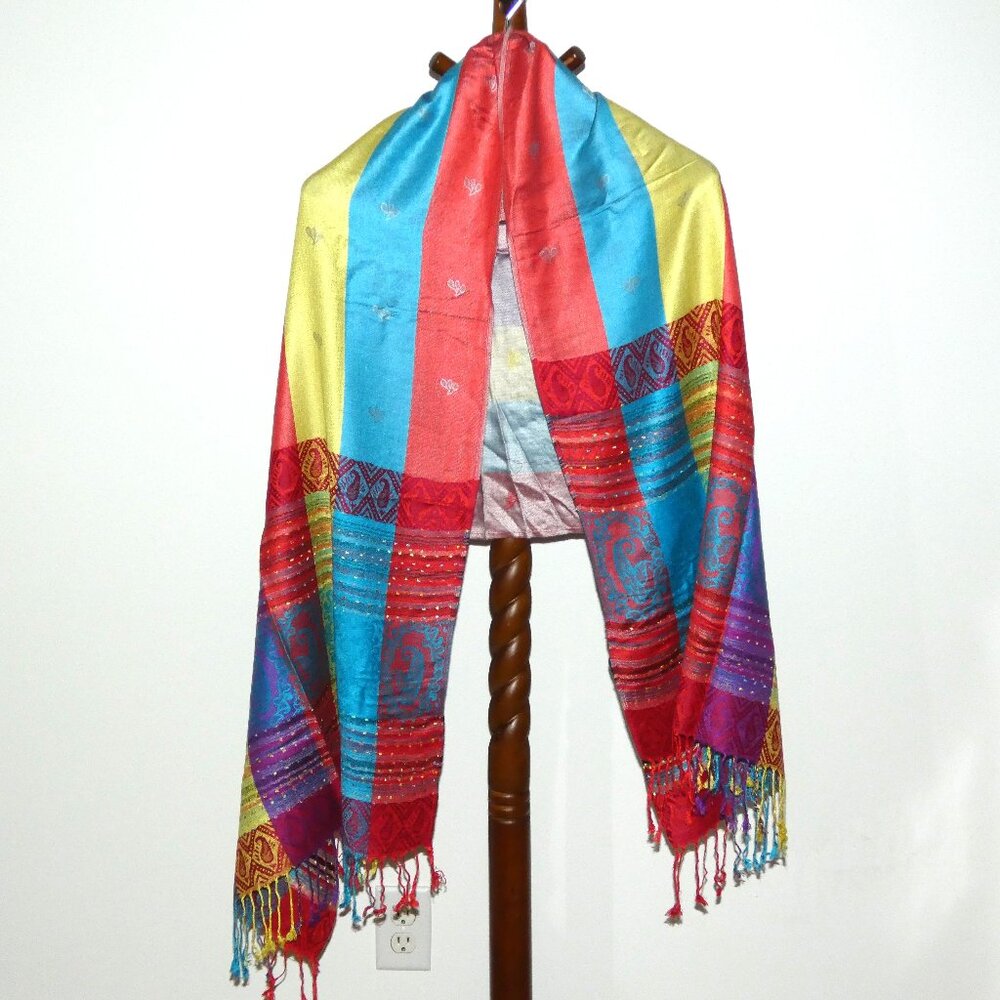 Colorful Pashmina Fringed Shawl Scarf Wrap Red Blue Yellow Purple